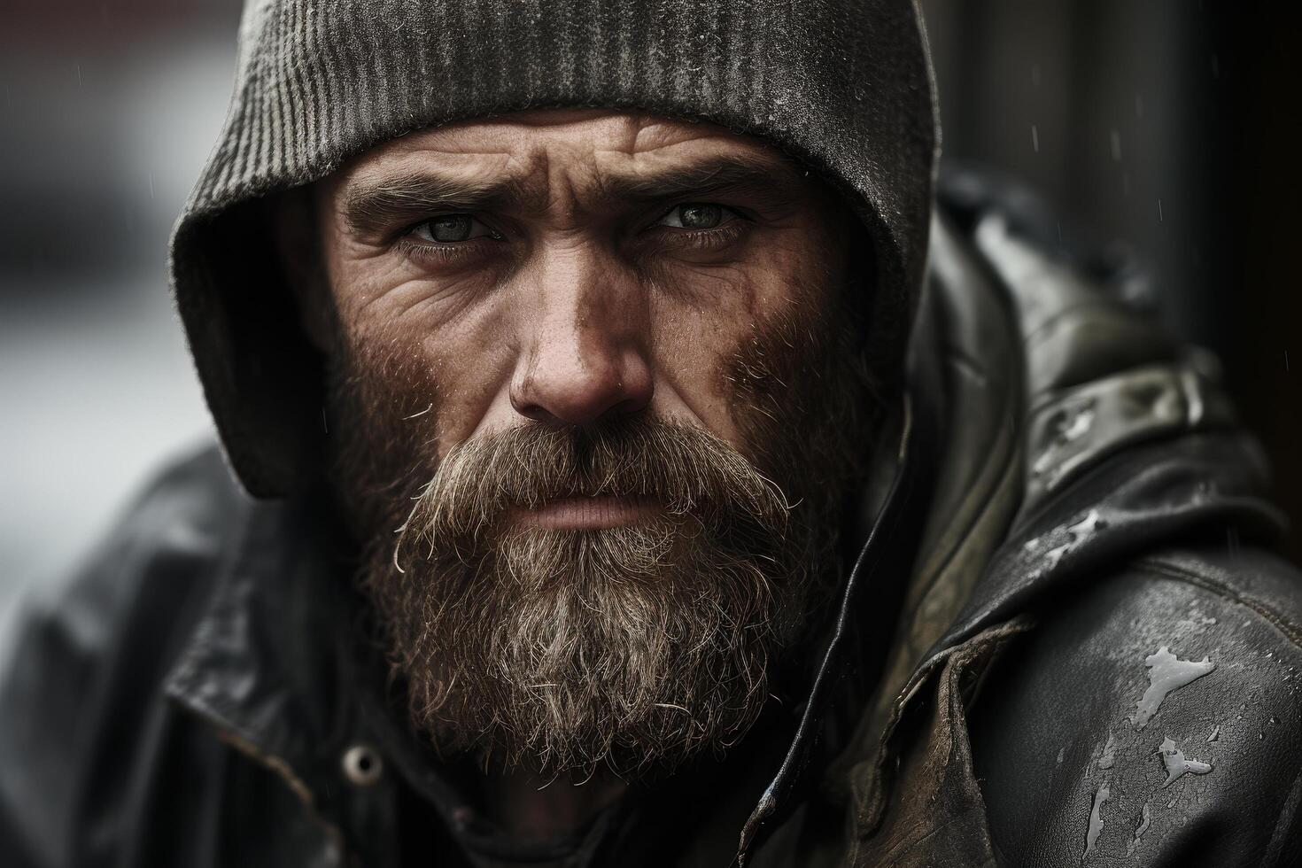 Rugged bearded man in hooded jacket photo
