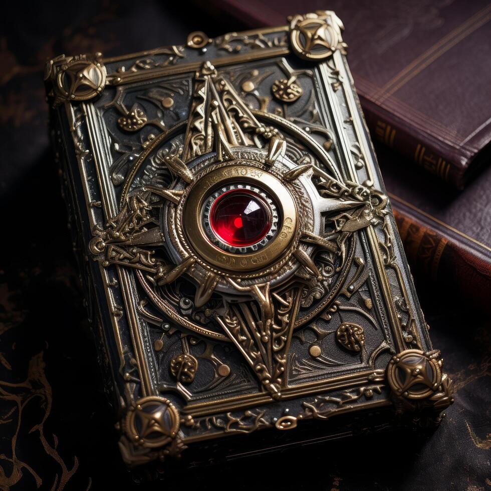 Ornate antique book cover with red gem photo