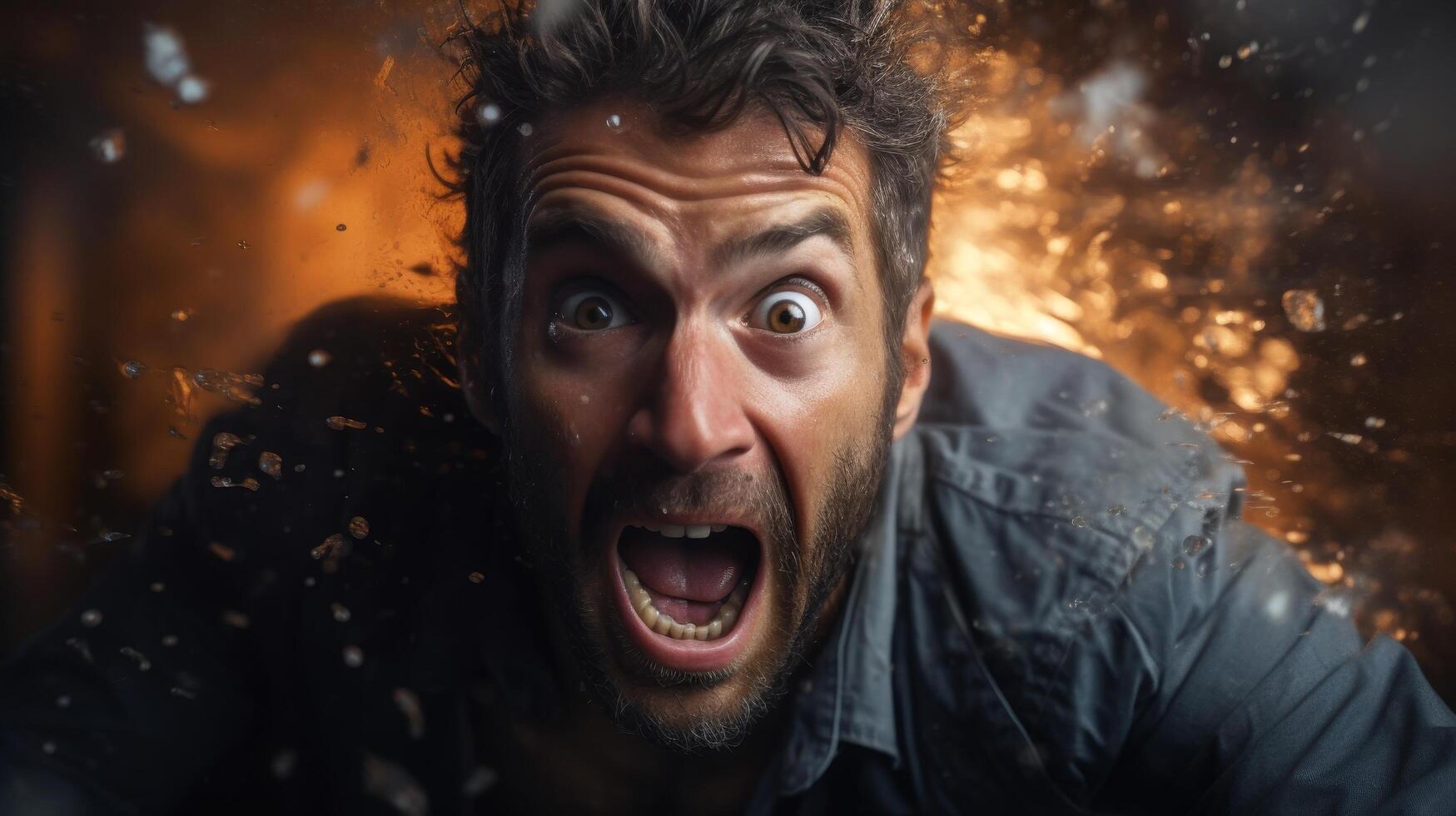 Intense man with shocked expression in dramatic lighting photo