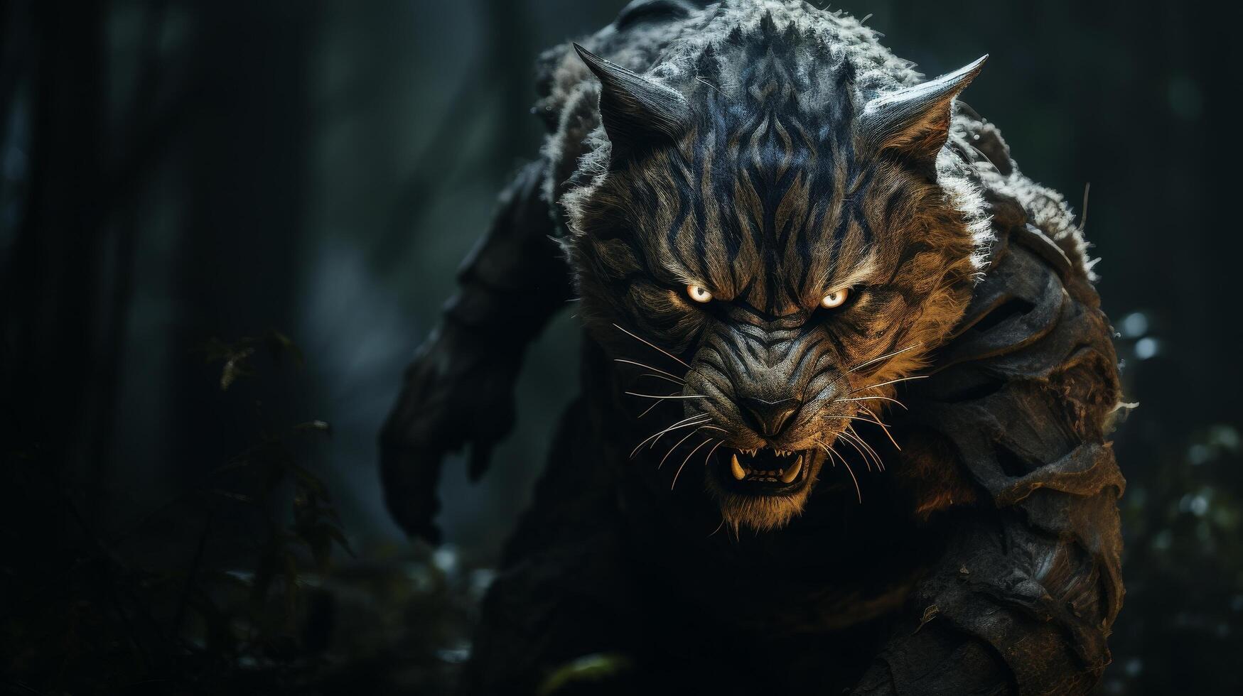 Fierce black panther in the dark forest photo