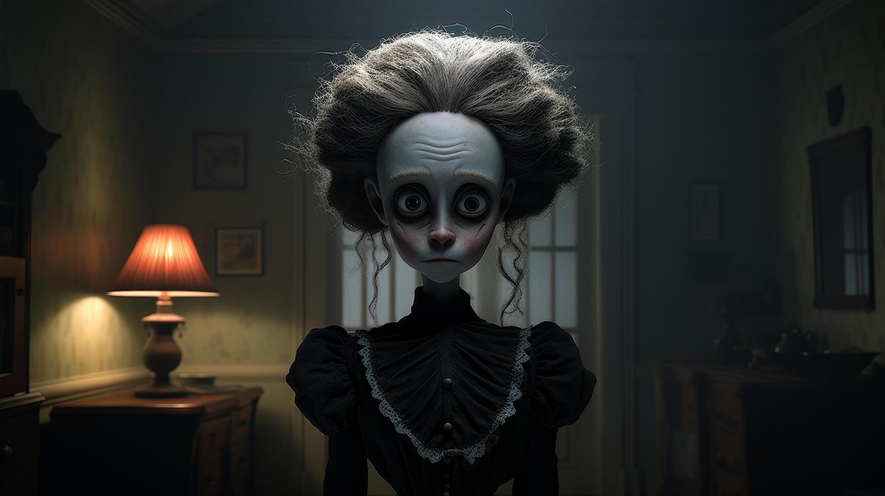 Creepy doll with large eyes and dark hair in dimly lit room photo