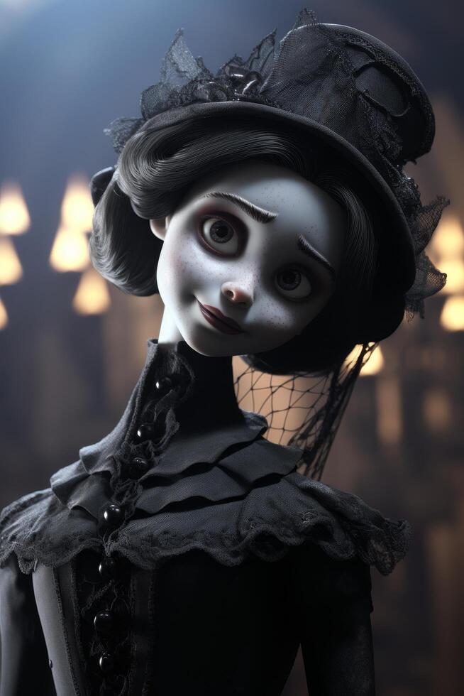 Creepy porcelain doll with dark makeup and costume photo