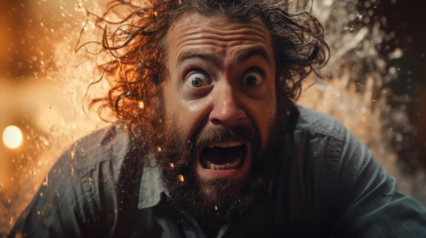 Surprised man with curly beard and wild expression in snowy environment photo