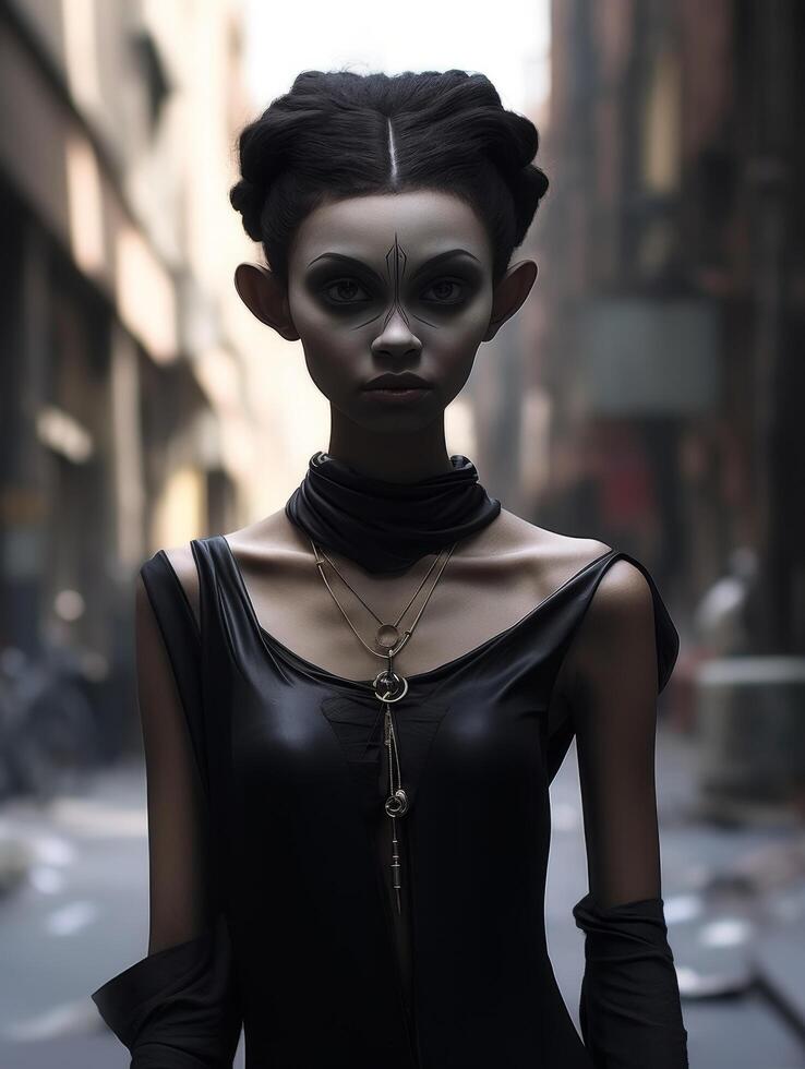 dark and mysterious female figure in urban setting photo