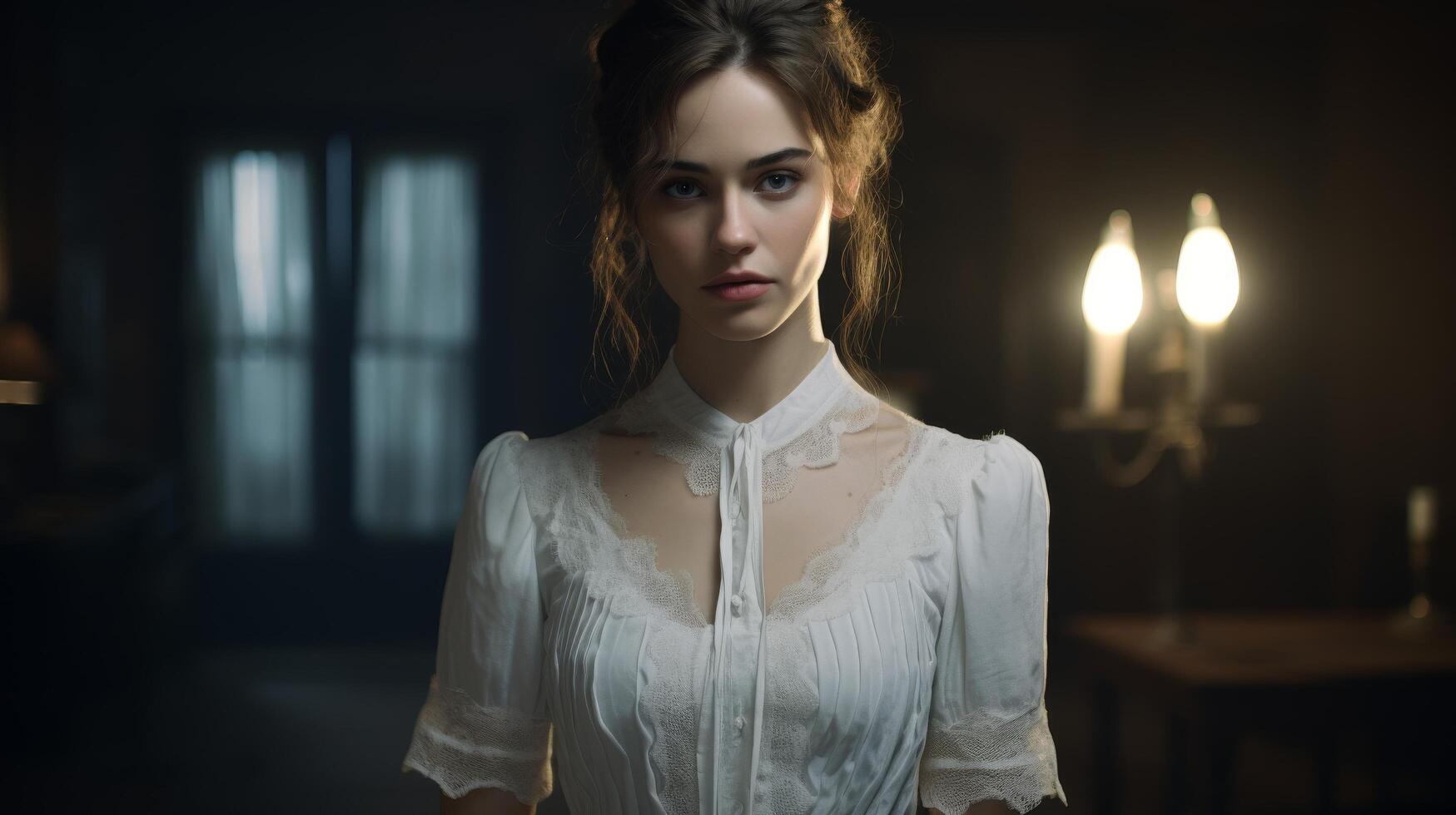 Elegant woman in white lace blouse photo