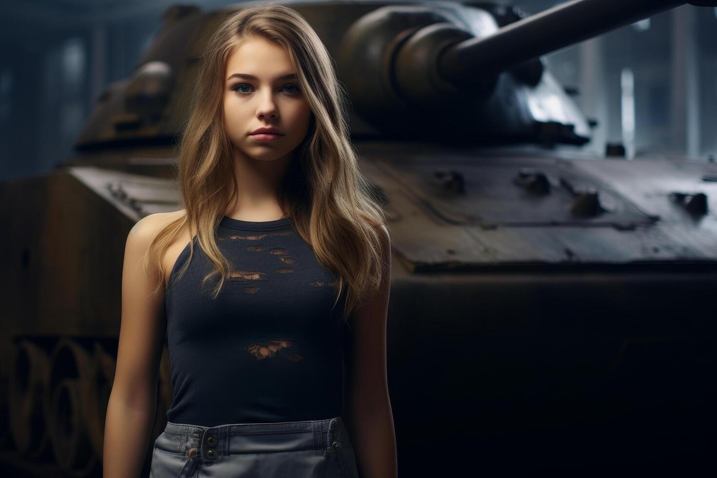 Confident young woman in front of military vehicle photo