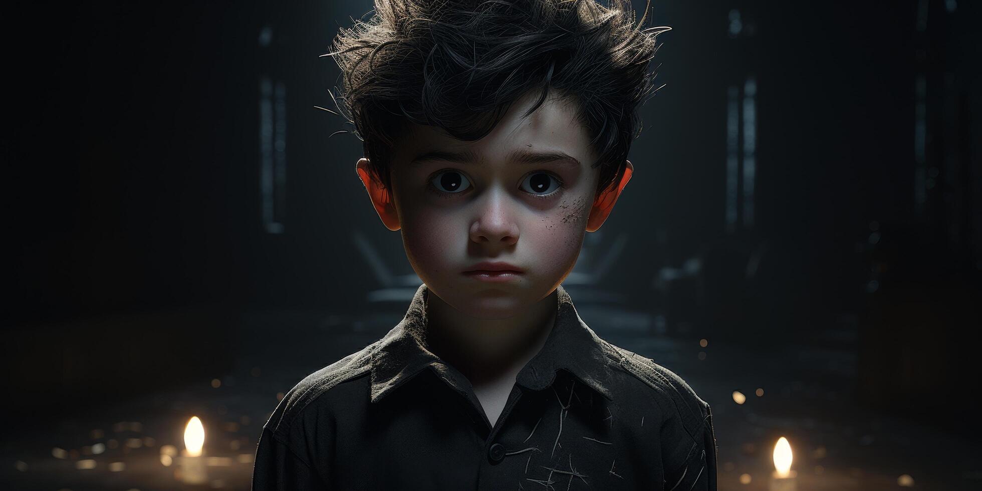 Mysterious young boy with serious expression in dark setting photo