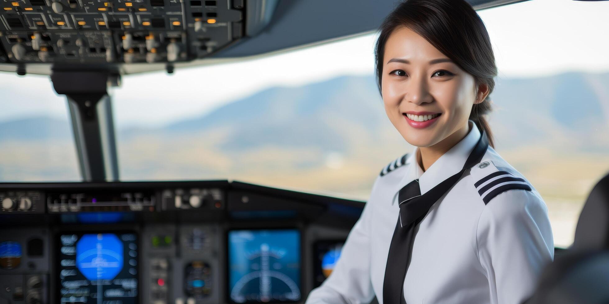 Smiling female airline pilot in cockpit photo