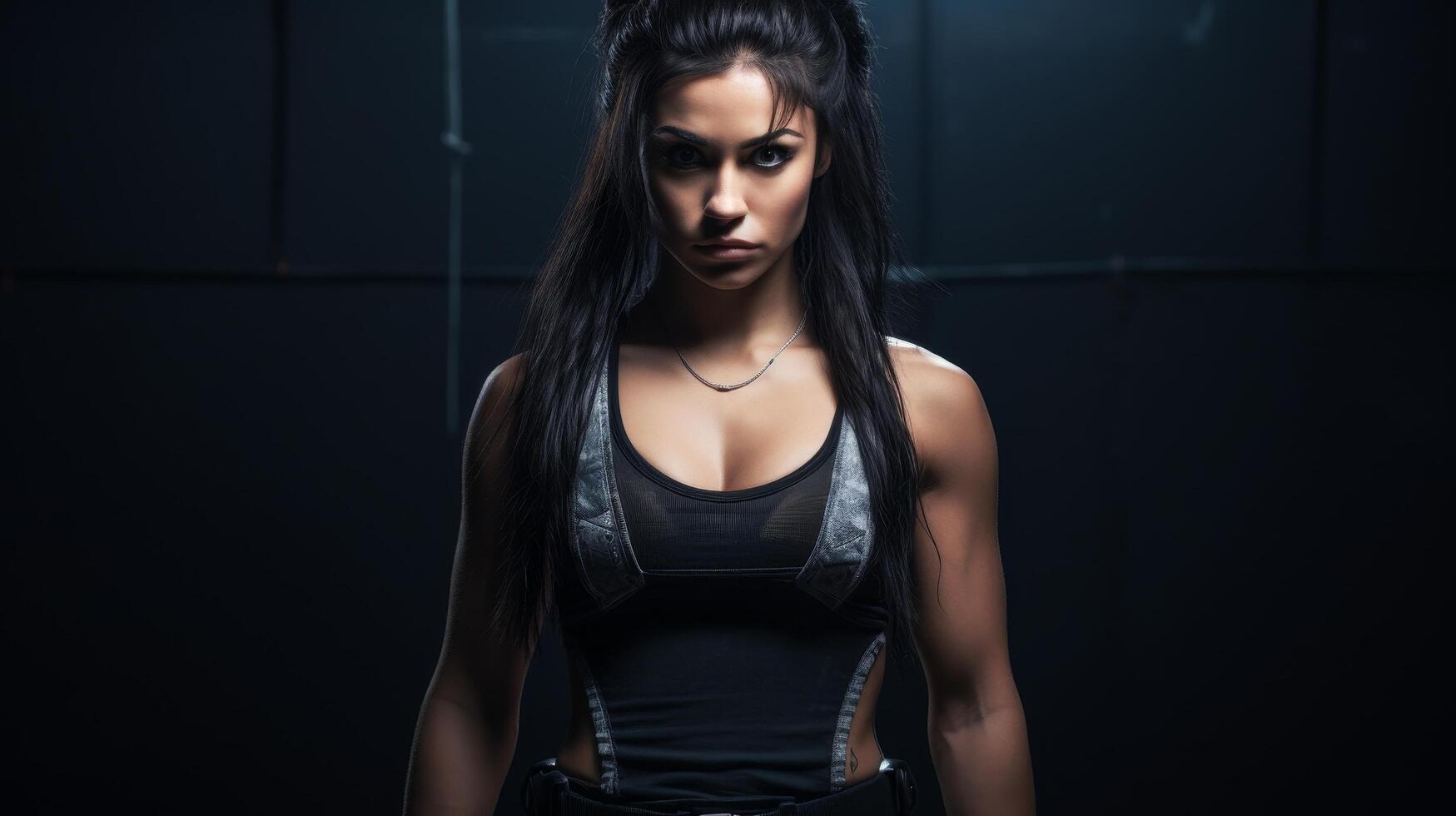 Fierce and determined woman in dark athletic wear photo