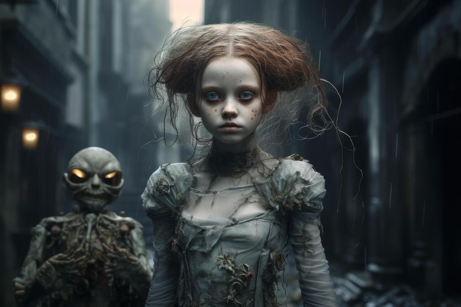 Haunting portrait of a young girl in a dark, eerie setting photo