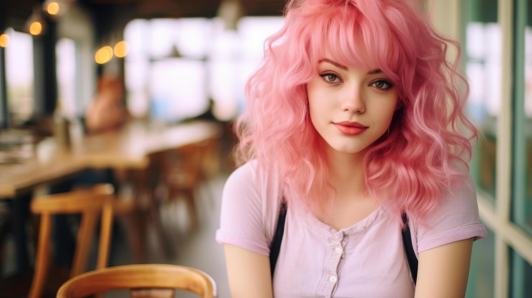 young woman with pink curly hair in cafe photo