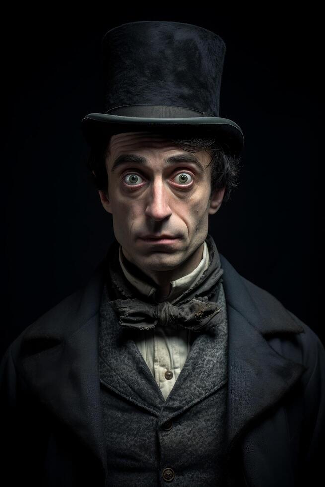 Mysterious man in dark clothing and top hat photo