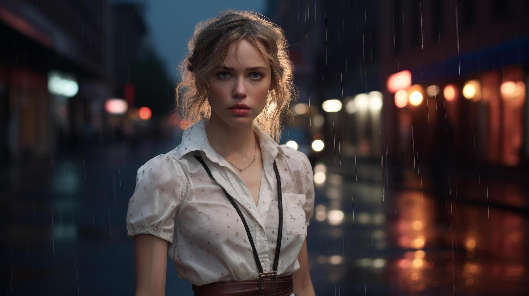 Pensive woman in the rain at night photo