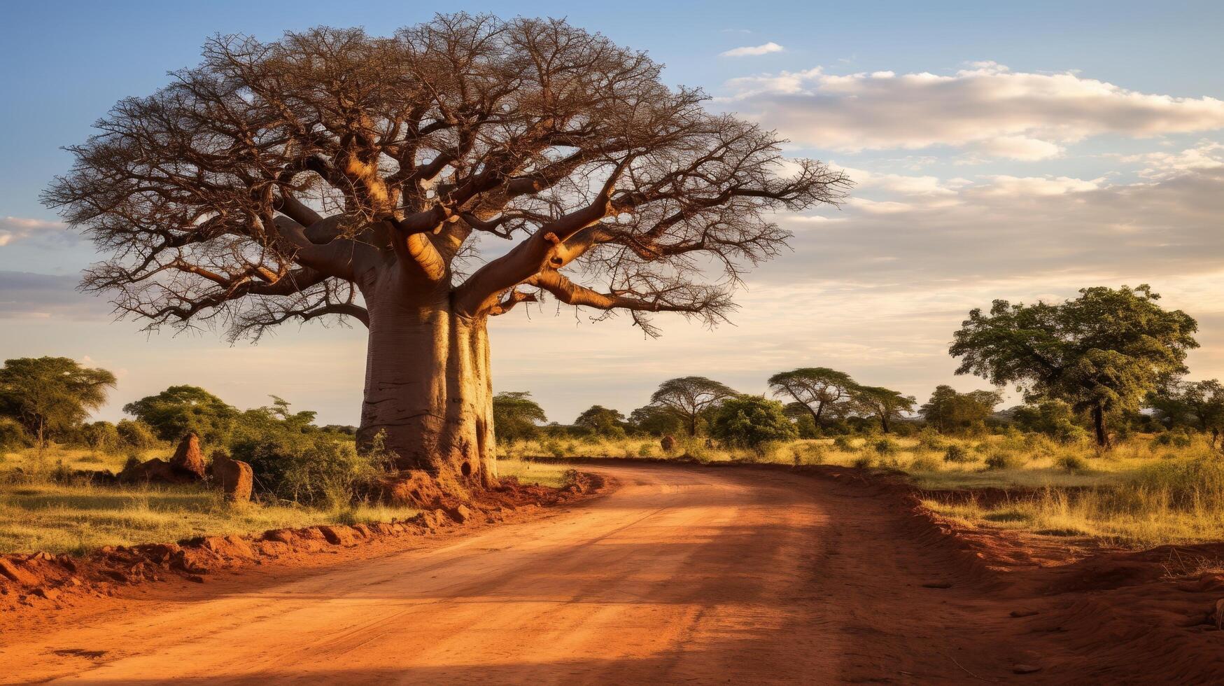 Majestic baobab tree along a dirt road in the african savanna photo