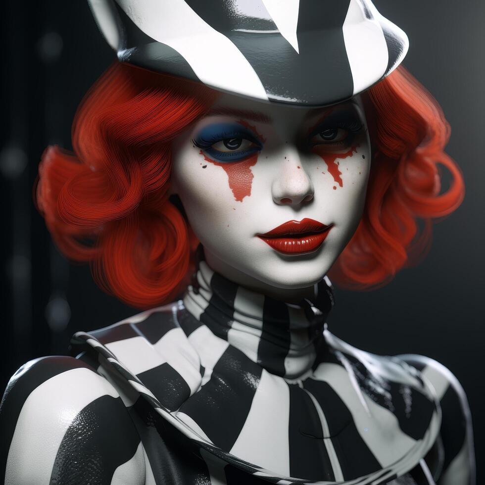 Dramatic portrait of a clown like character with striking makeup and costume photo
