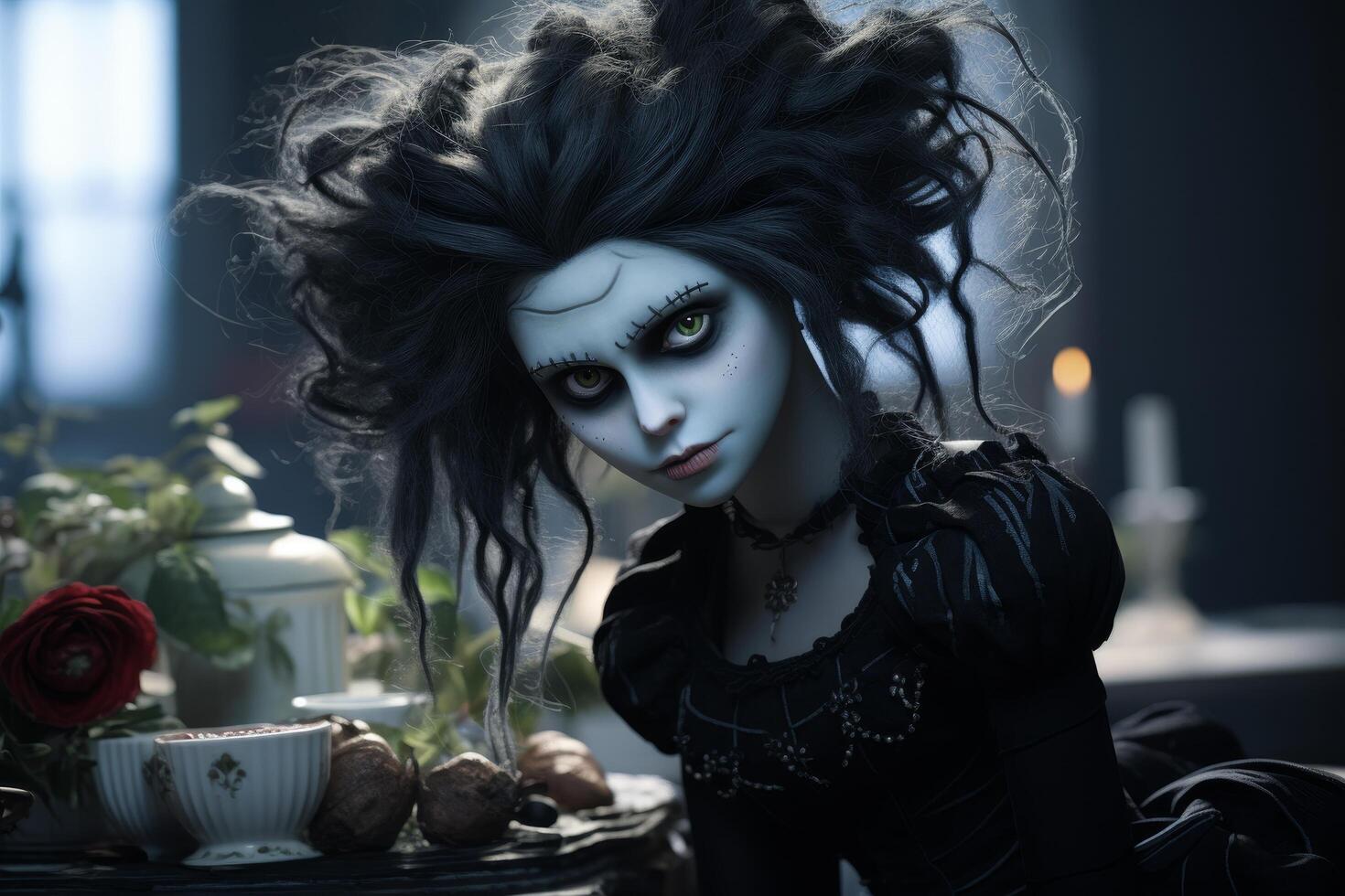 Mysterious gothic woman with dark makeup and hair photo