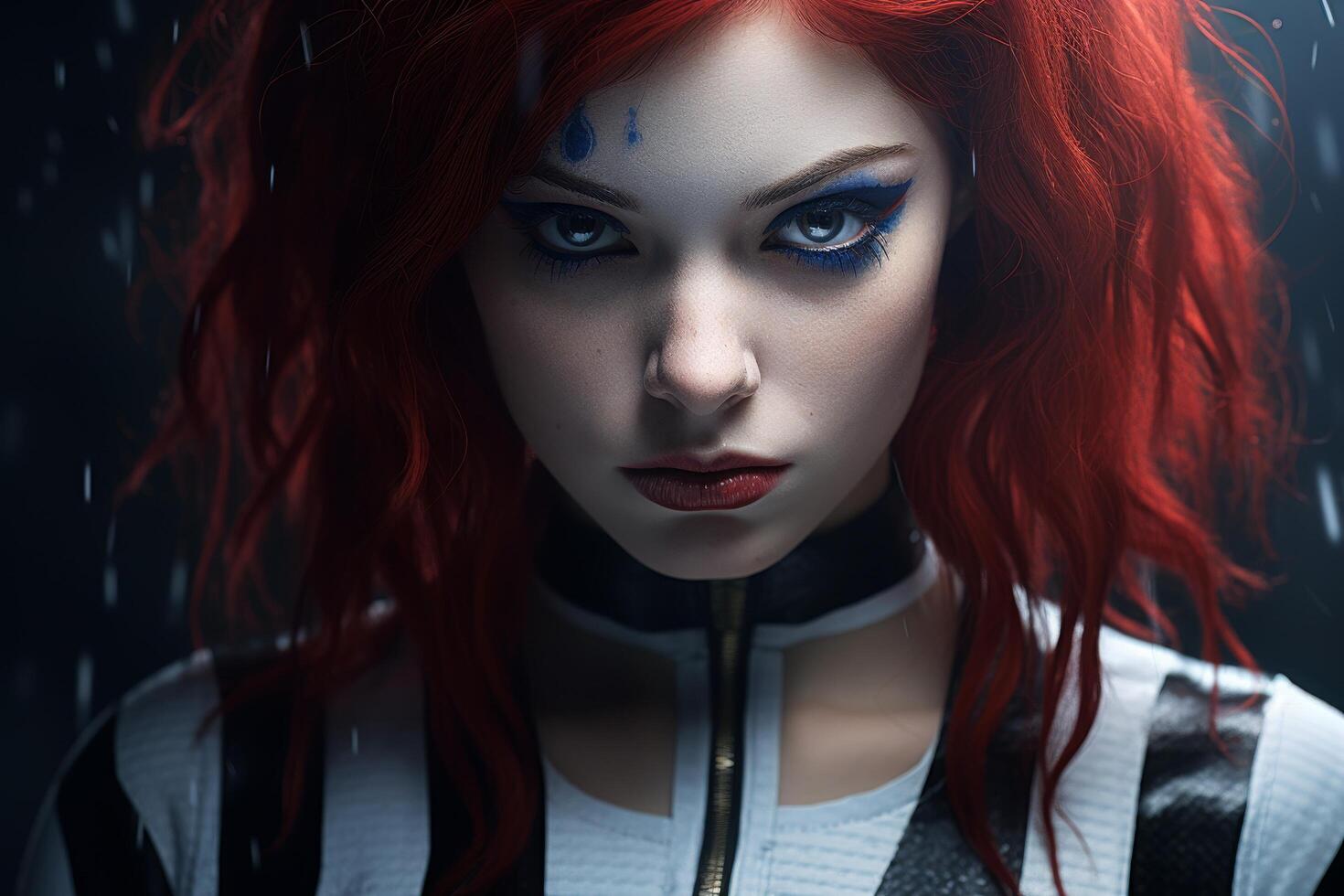 Intense gaze of a mysterious woman with vibrant red hair photo
