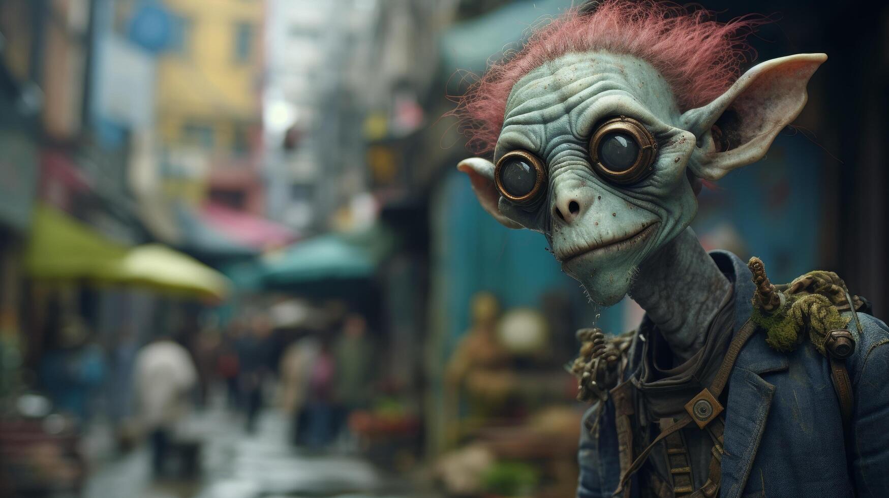 Quirky alien creature with big eyes in urban setting photo