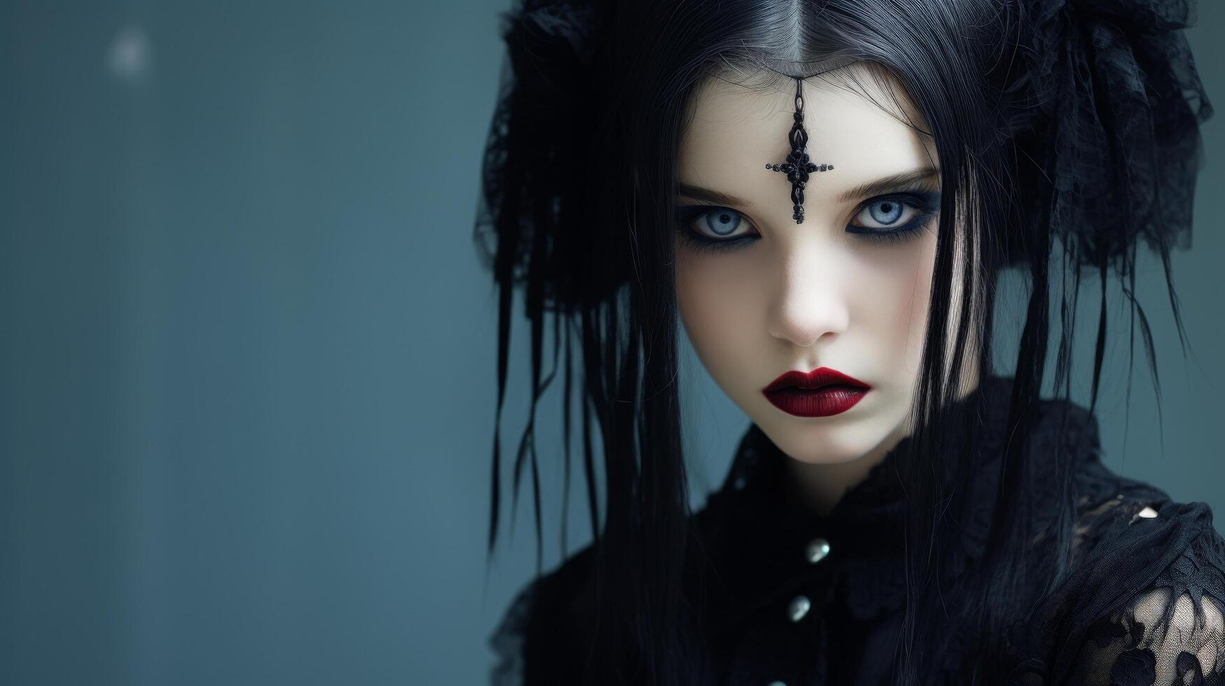 Mysterious gothic woman with dark makeup and jewelry photo
