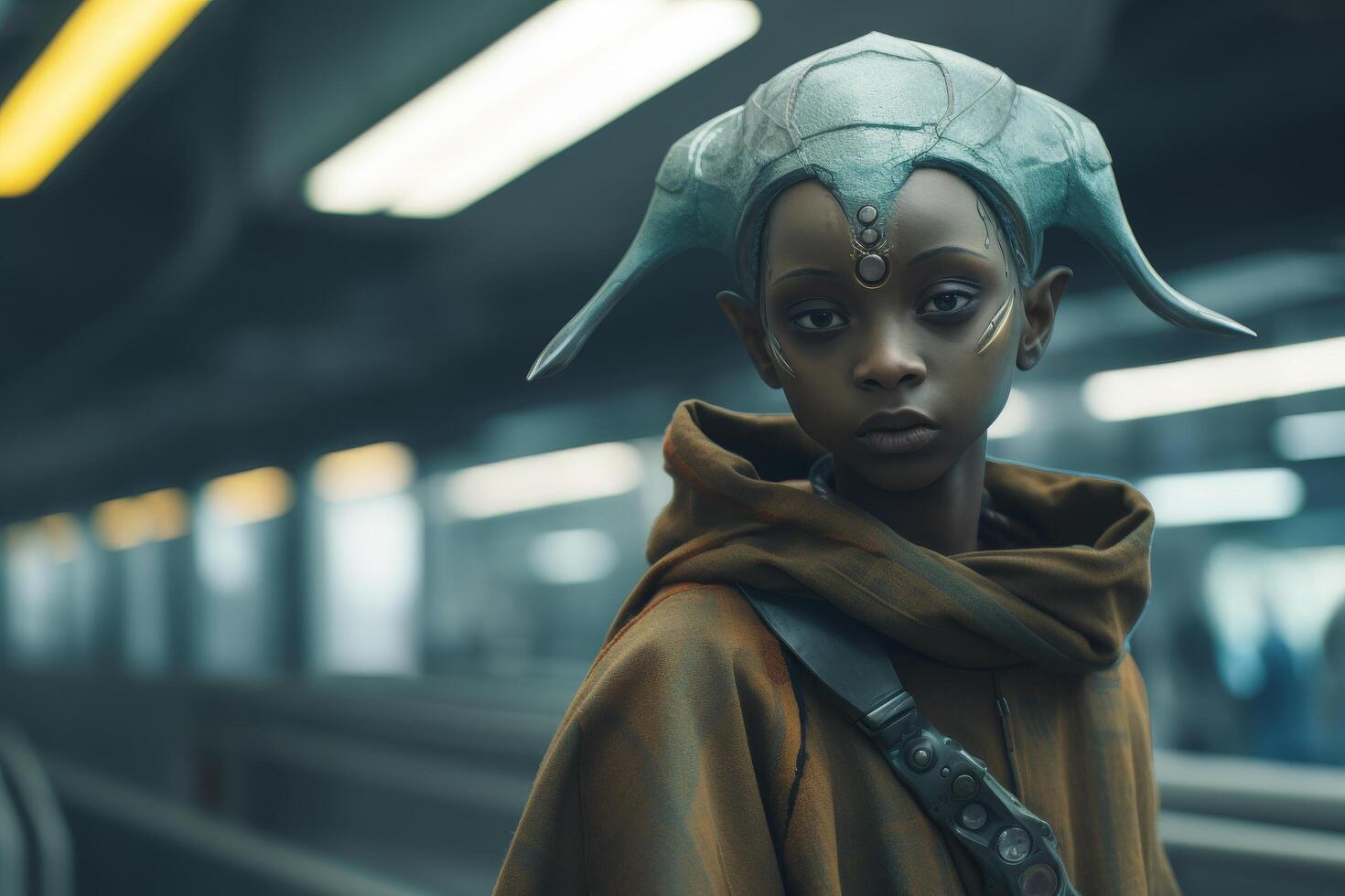Futuristic warrior woman with intricate headpiece photo