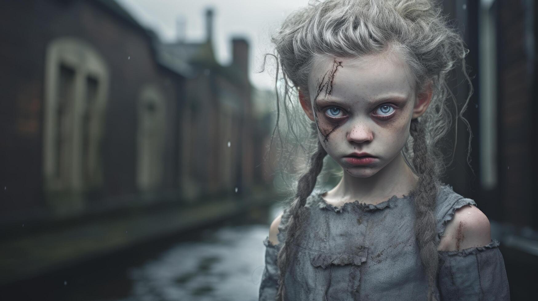 Haunting portrait of a young girl with a distressed expression photo
