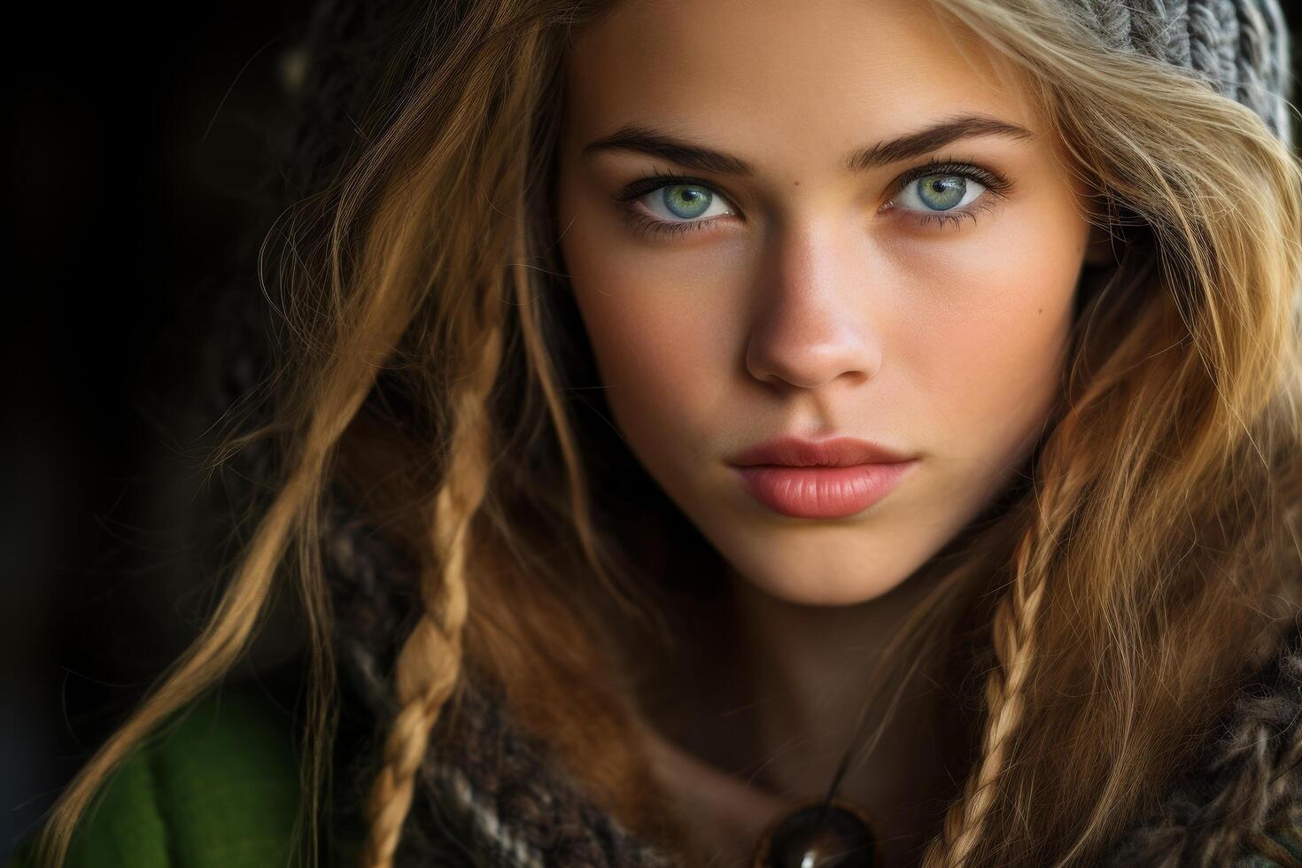 Thoughtful young woman with green eyes and long hair photo