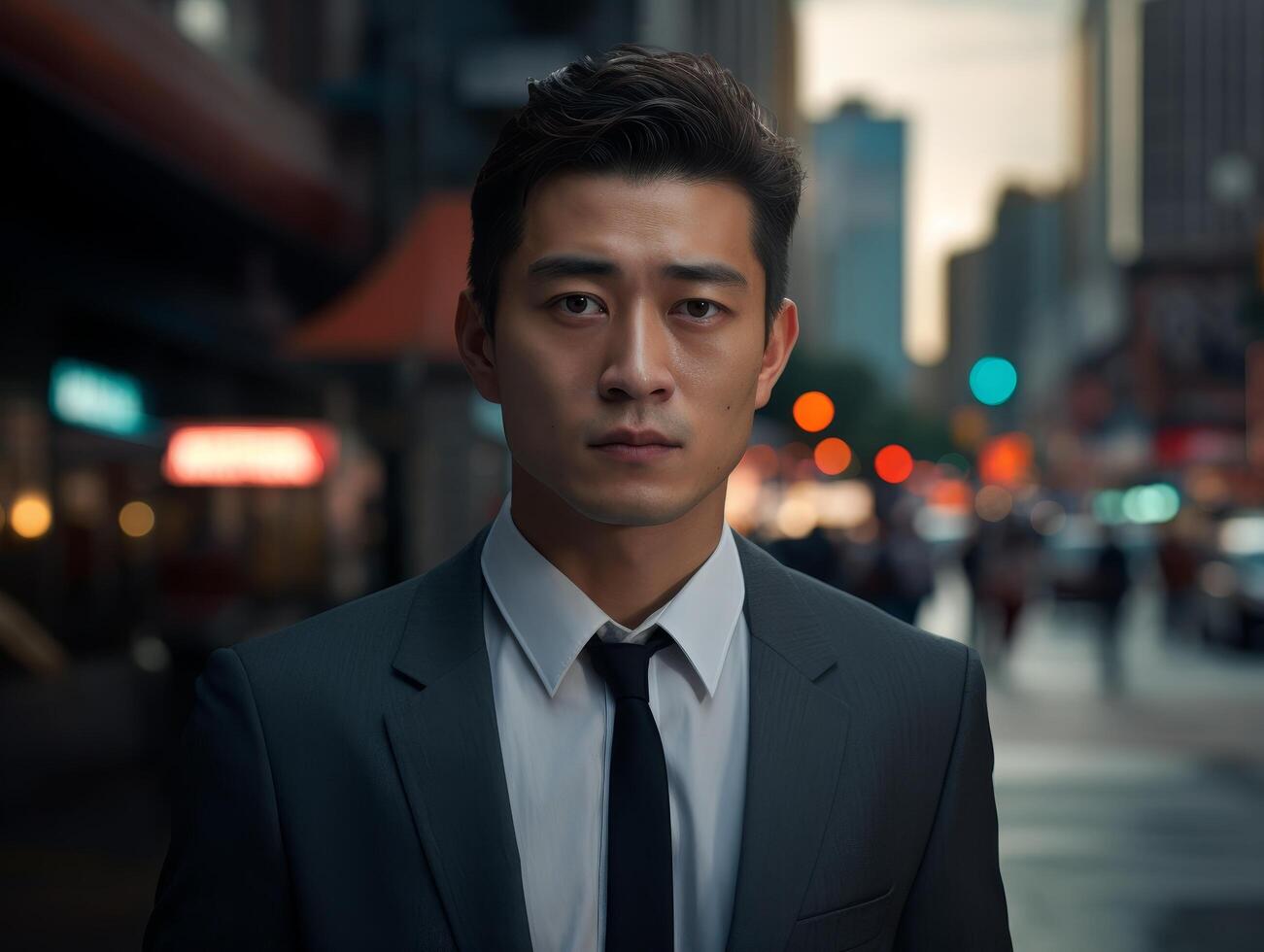 Serious young businessman in suit standing on city street at night photo