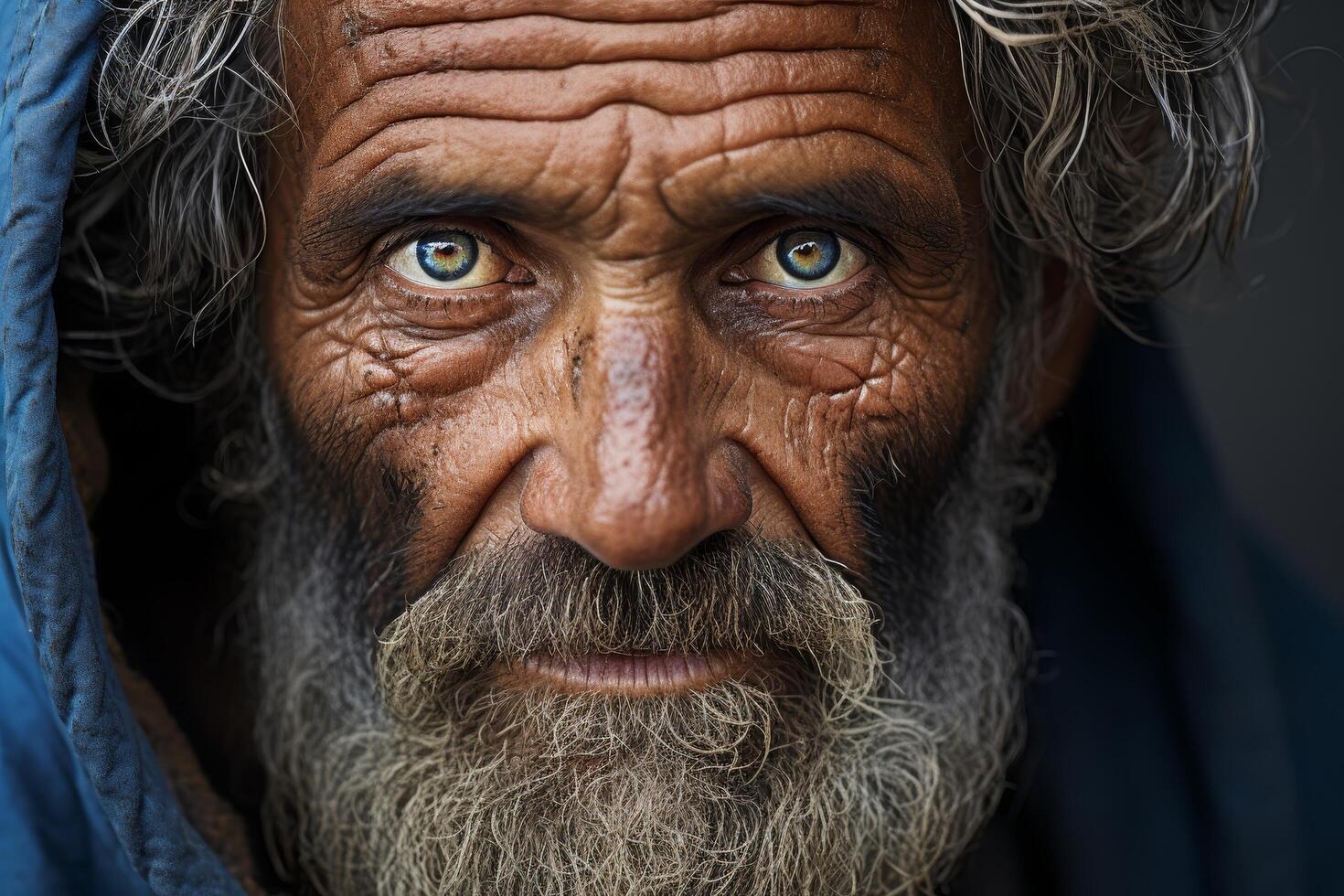 Close up portrait of an elderly man with a weathered face and piercing eyes photo