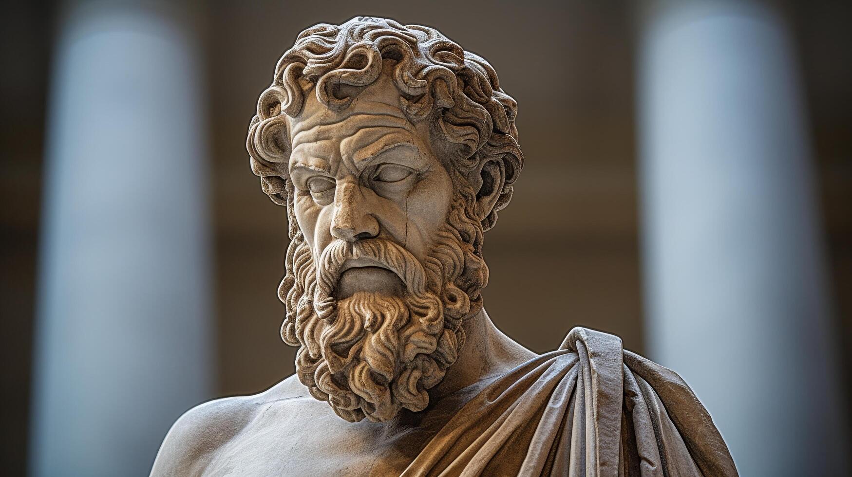 ancient greek statue of philosopher with curly hair and beard photo
