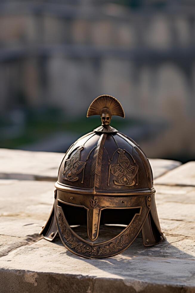 Ornate ancient warrior helmet with intricate designs photo