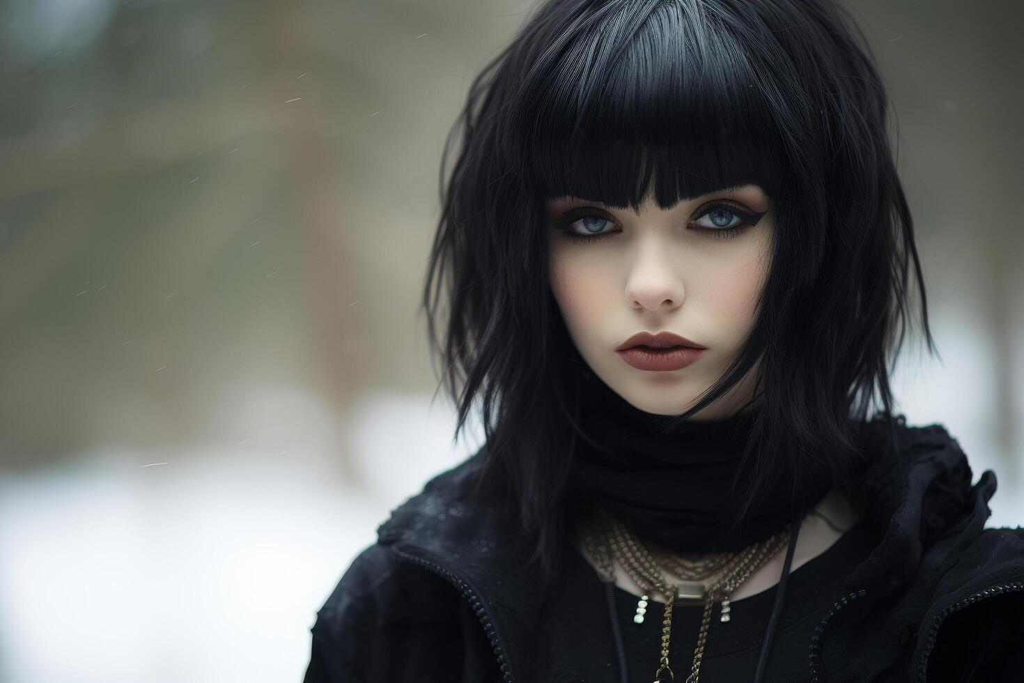 Mysterious woman with dark hair and intense gaze photo