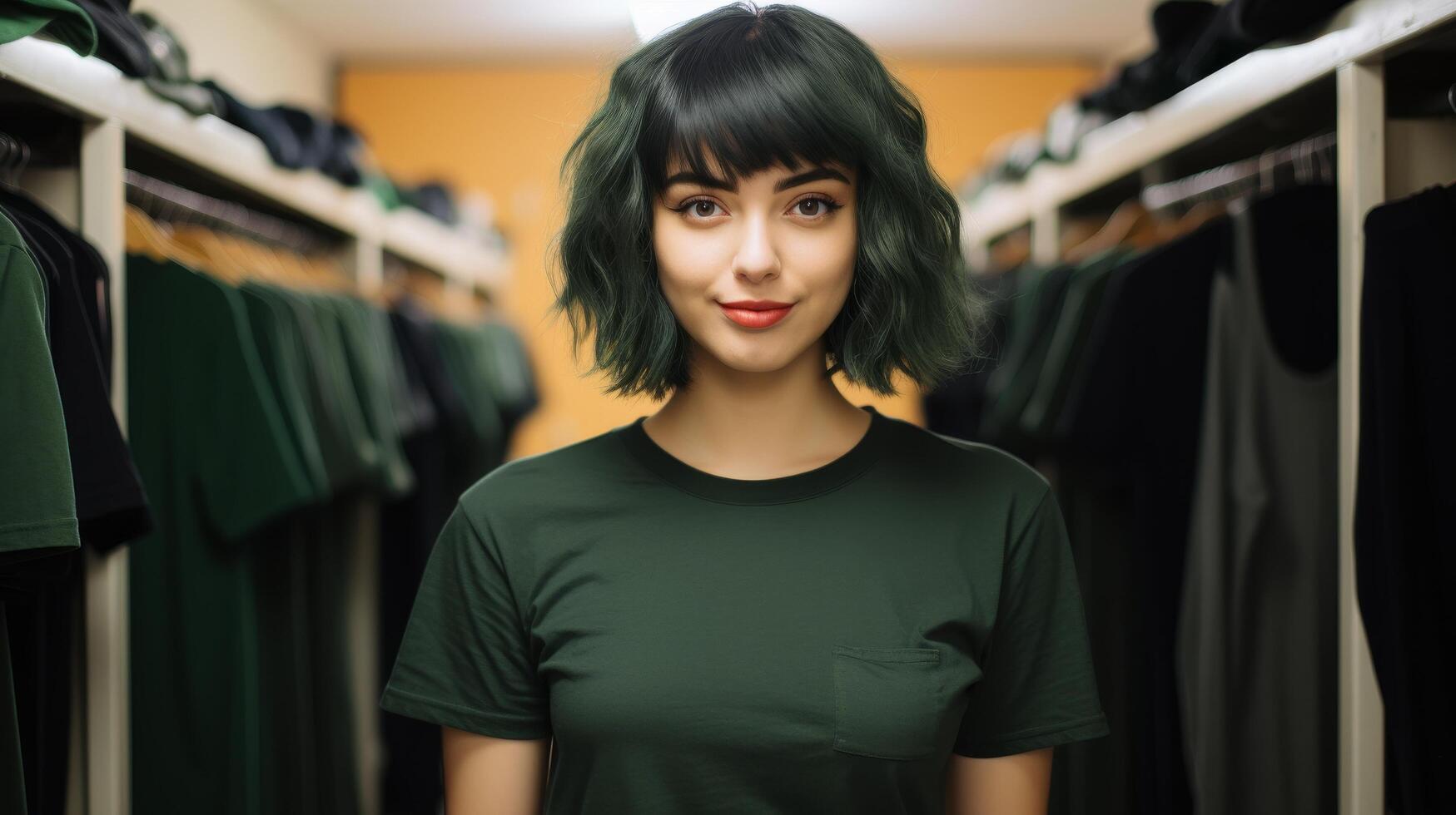 young woman with green hair and red lips in clothing store photo