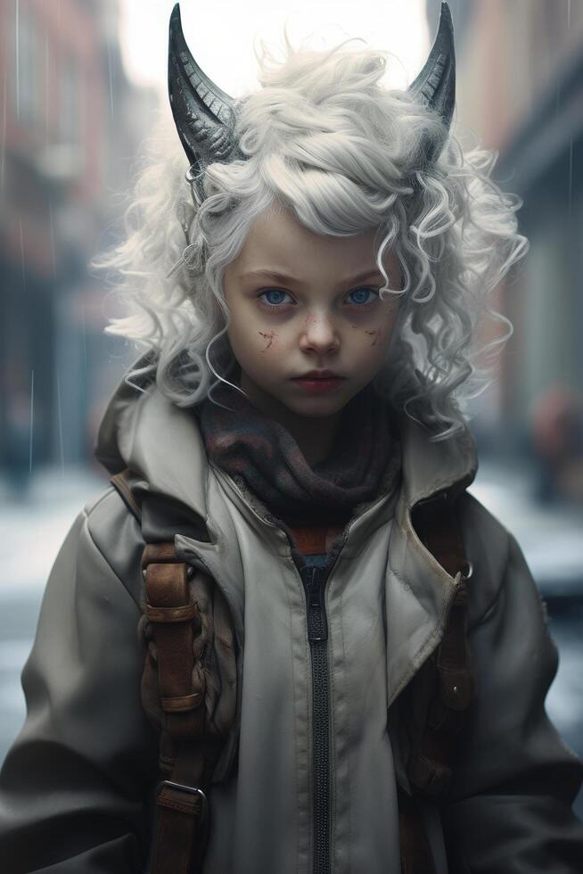 Mysterious young girl with horns and curly white hair photo