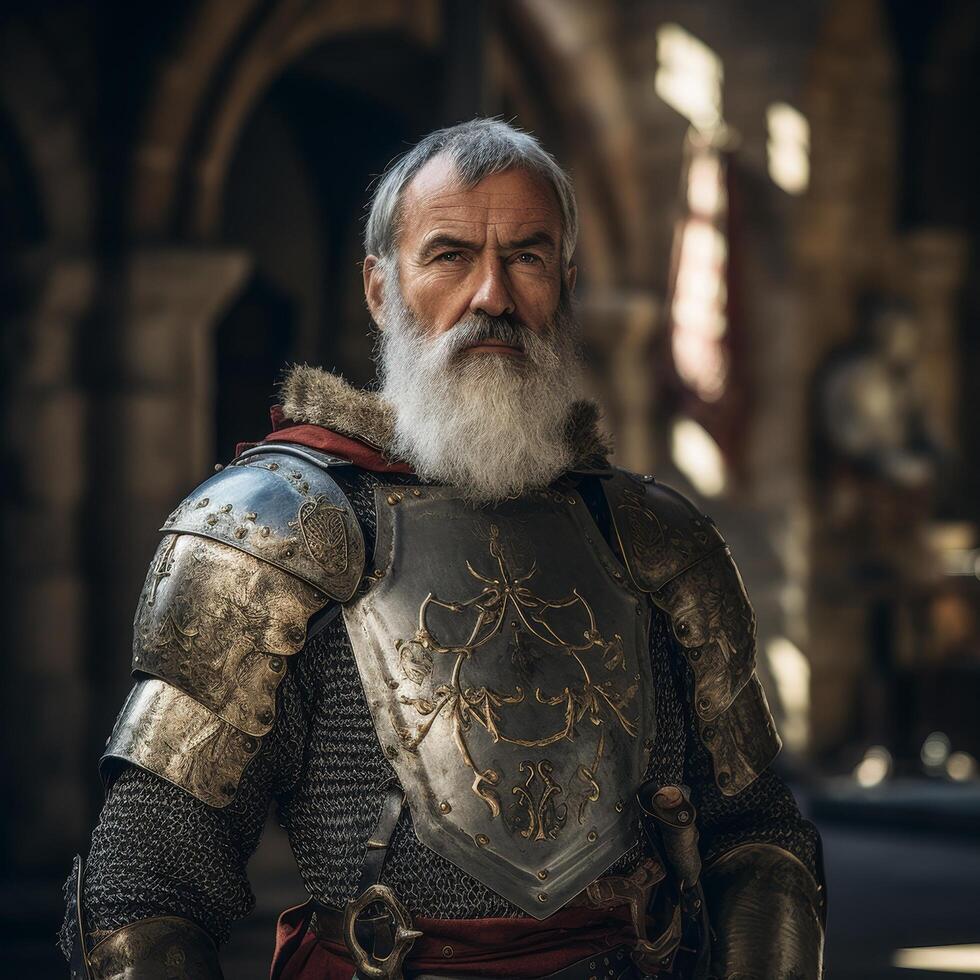 Rugged medieval knight in armor photo