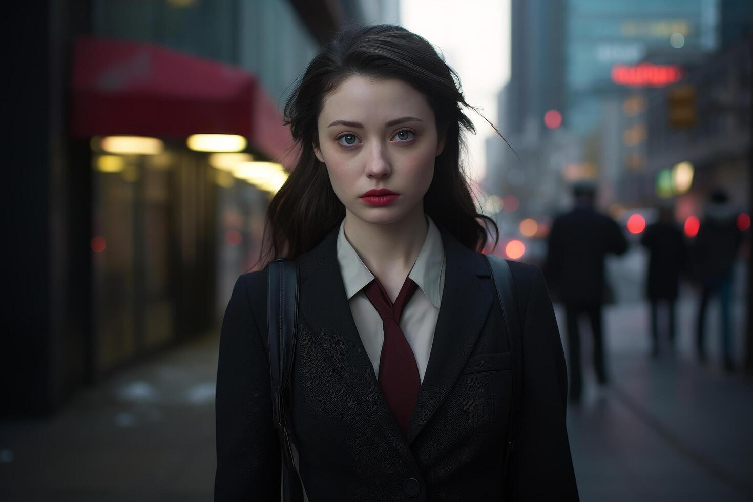 Serious young woman in business attire on city street photo