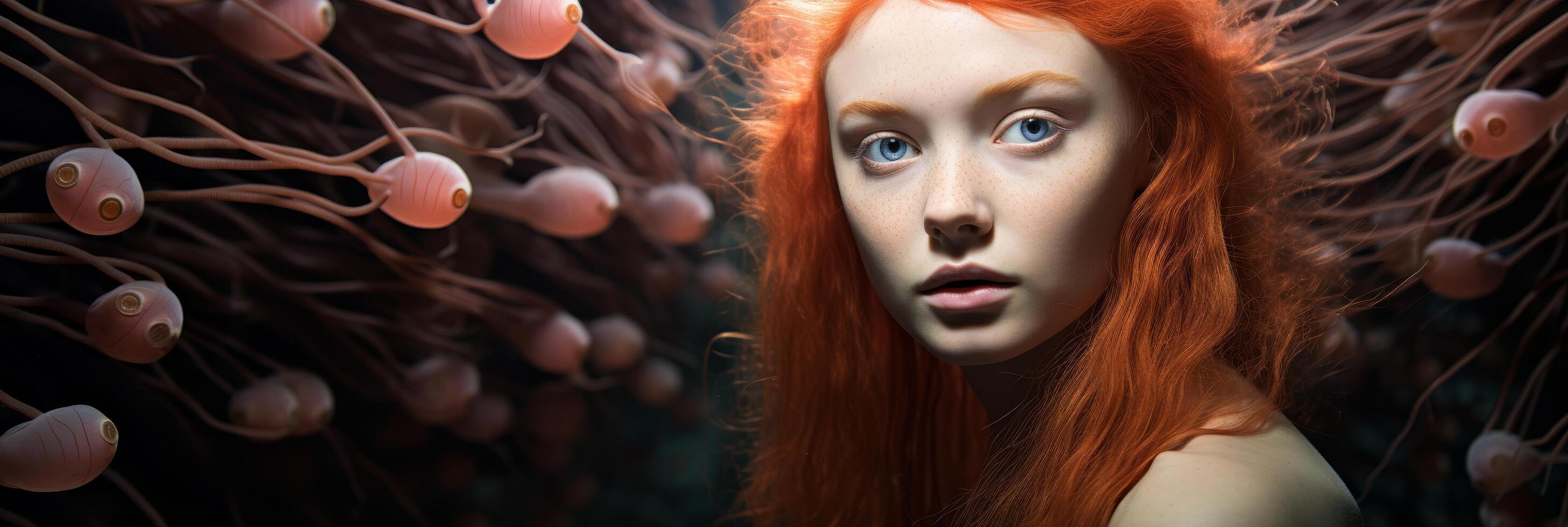 Mysterious redhead with flowing hair photo
