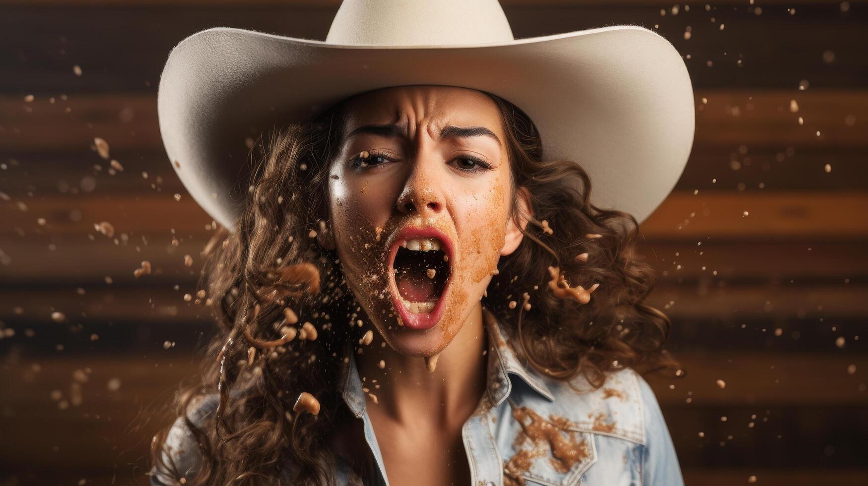 Cowgirl yelling with dirt and debris in the air photo