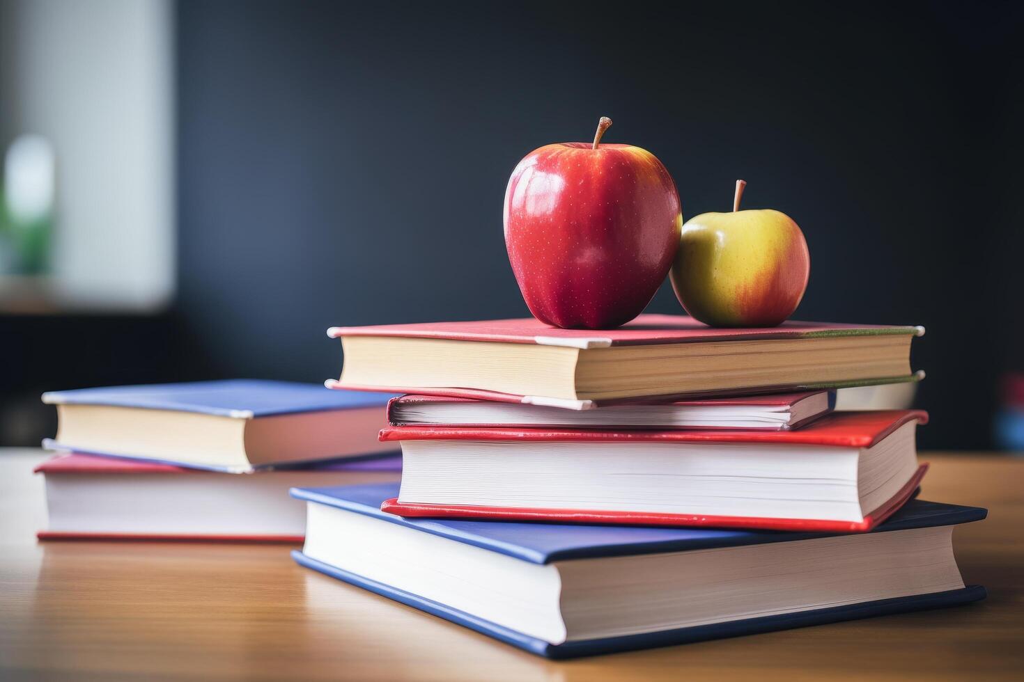 Apples on stack of books in classroom setting photo