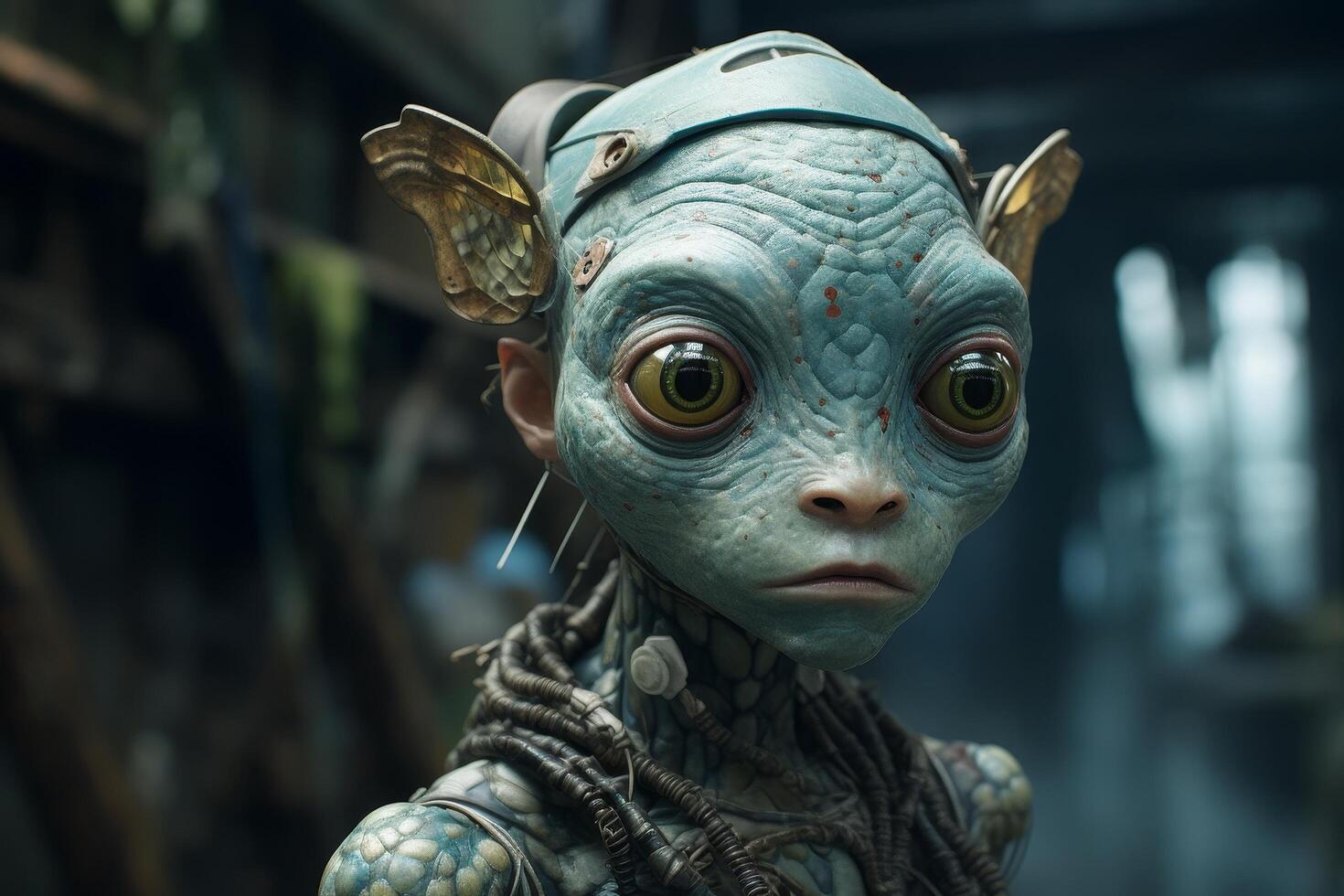 Futuristic alien creature with cybernetic enhancements photo
