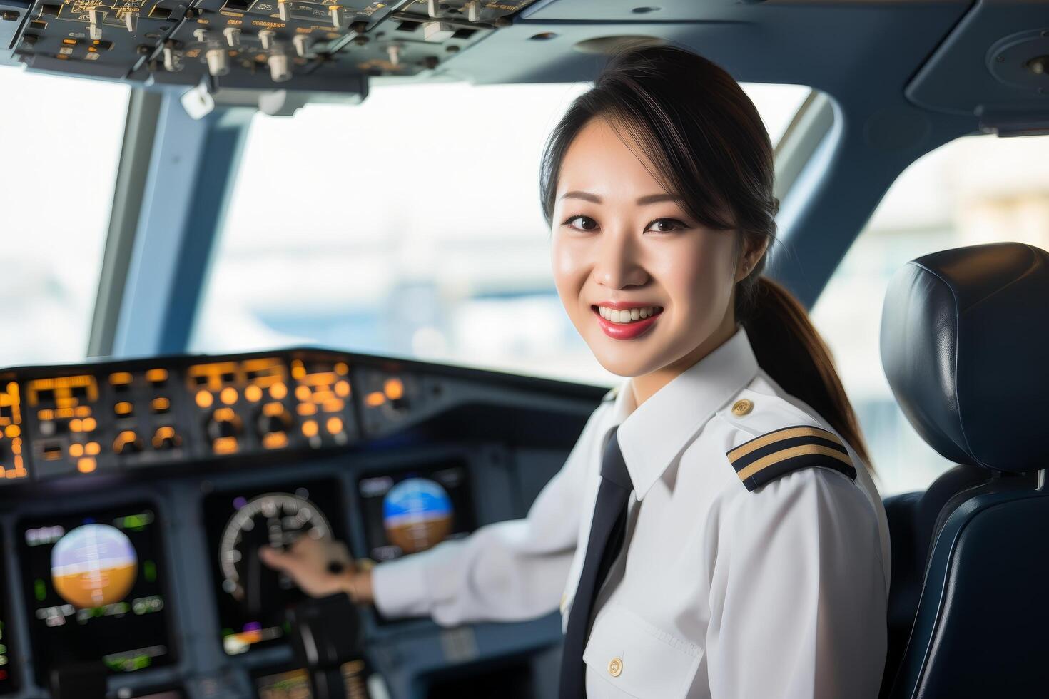 smiling asian female airline pilot in cockpit photo