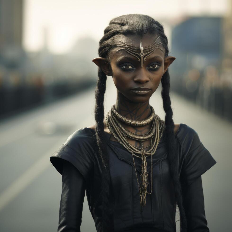 futuristic alien woman with ornate headpiece photo