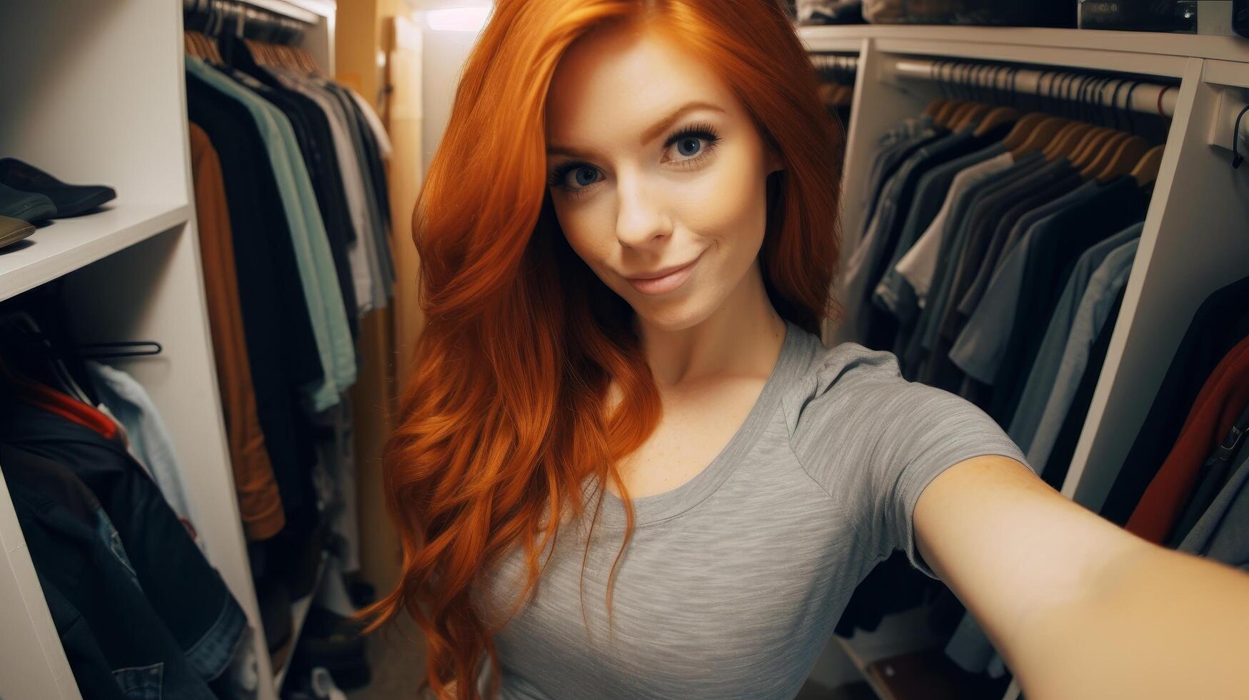 Smiling woman with long red hair in a closet photo