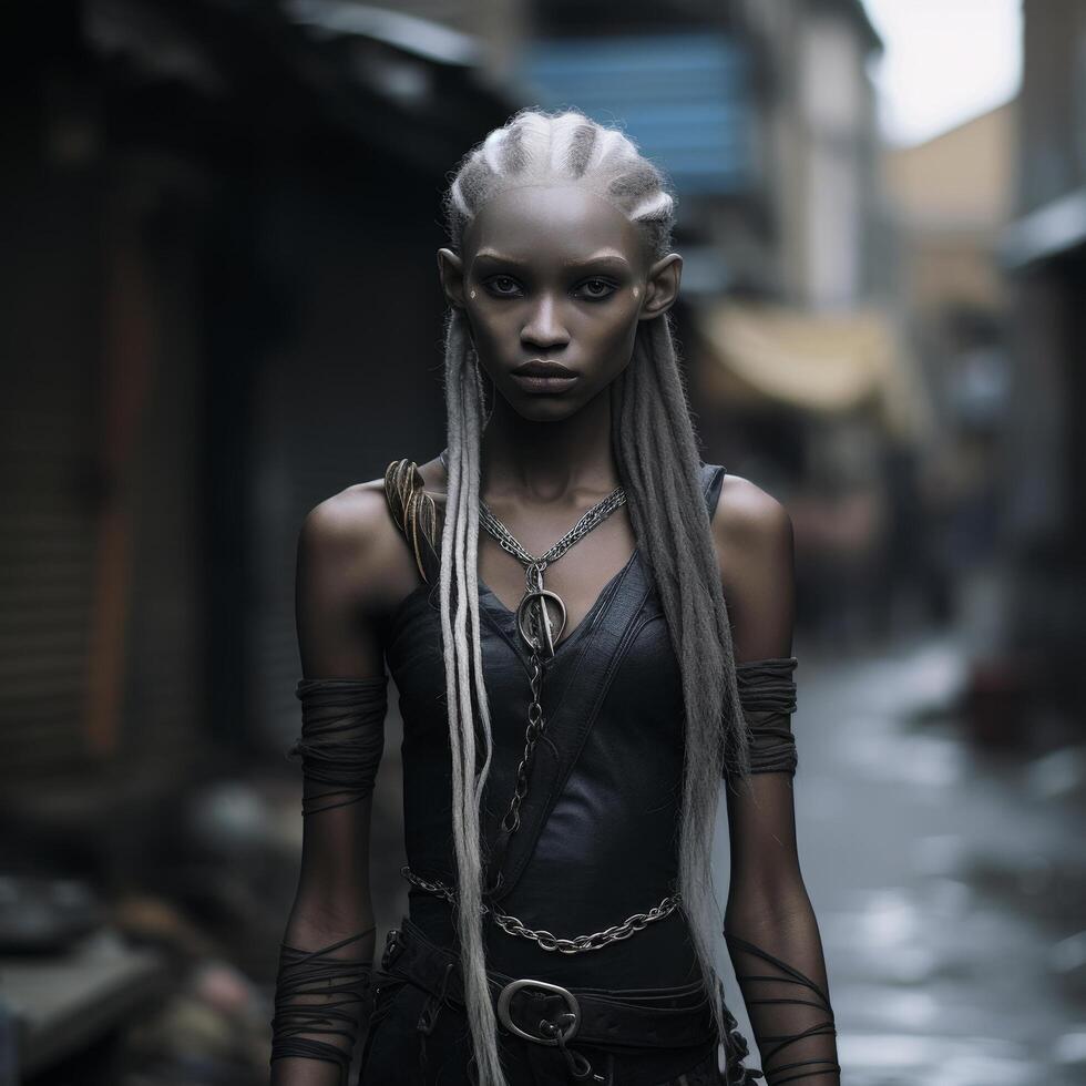 Futuristic warrior woman with white dreadlocks photo