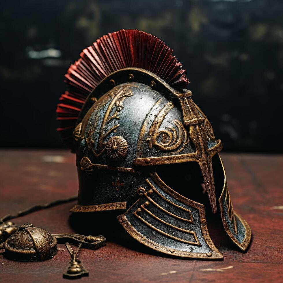 Ornate ancient warrior helmet with red plume photo