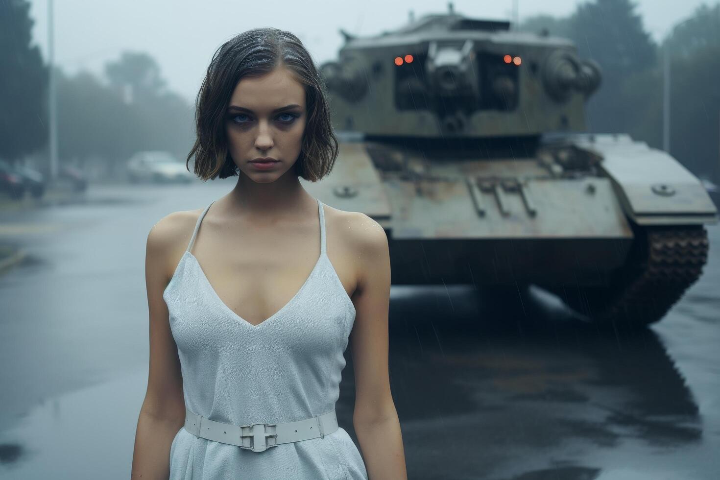 woman in white dress standing in front of military tank photo