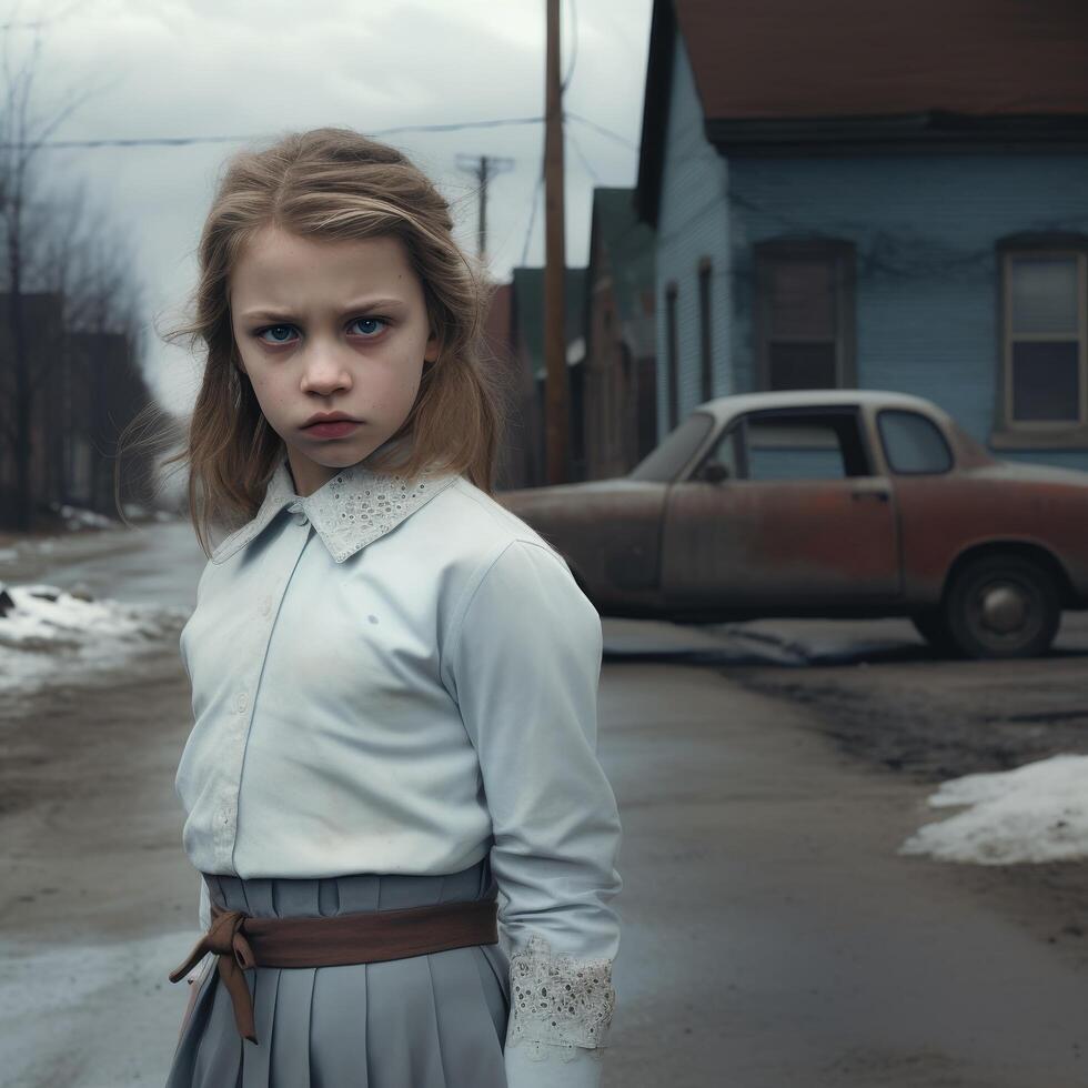 young girl with serious expression standing in front of old car photo