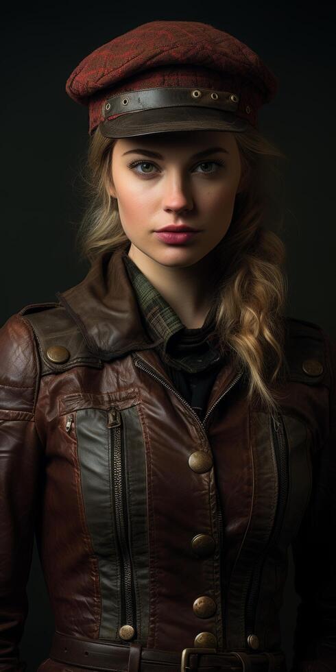 Portrait of a woman in a leather jacket and cap photo