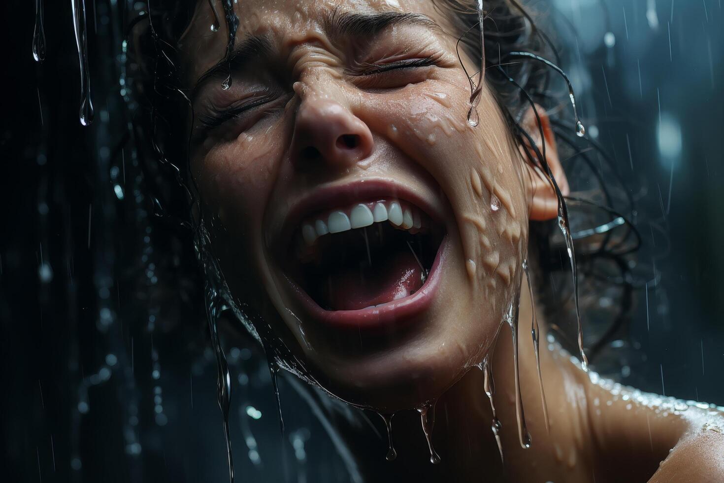 Anguished face of person crying in the rain photo