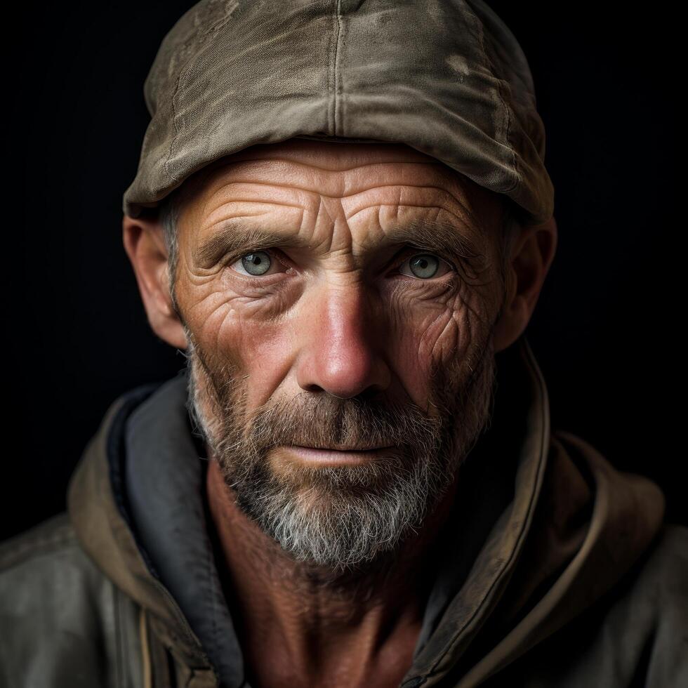 Weathered face of an elderly man with a beard photo