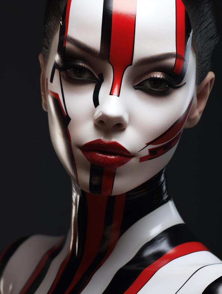 striking face makeup with bold black and red design photo